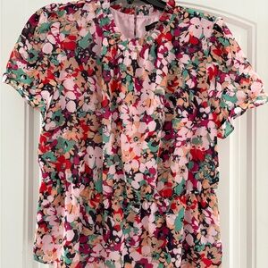 J. Crew Ruffled Pink and Red Blouse with Short Sleeves